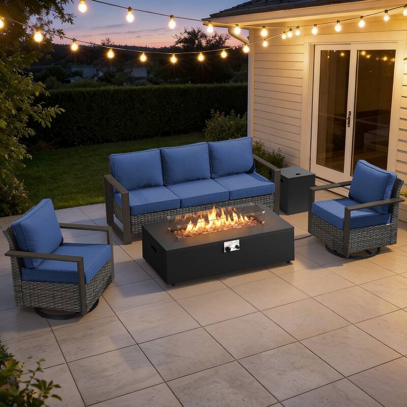 Meyreso Wicker Outdoor Patio Fire Pit Set with Swivel Gliders & 4.5-Inch Olefin Cushions - Gray / Navy Cushions - 4-Piece