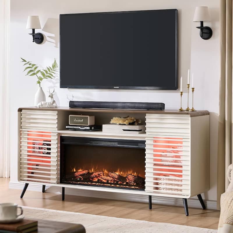 Mid Century Modern Fireplace TV Stand, Entertainment Center - Antique White