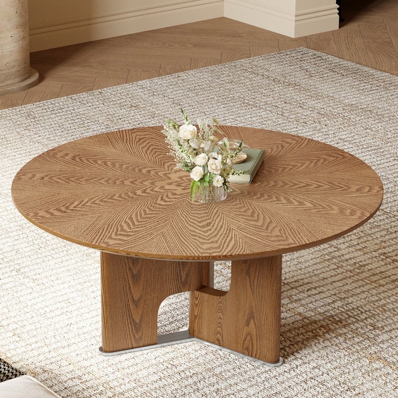 31.5 Inches Round Rustic Ash Wood Veneer Coffee Table for Small Living Room - Walnut
