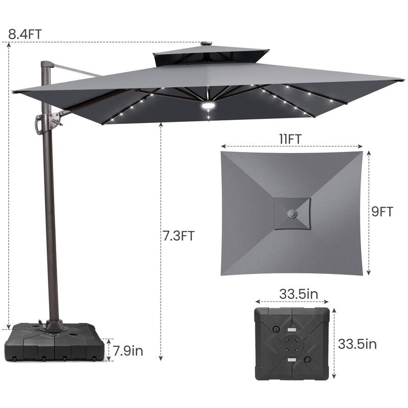 9 x 11 FT Outdoor Double Top LED Lighted Patio Cantilever Umbrella with Base Stand