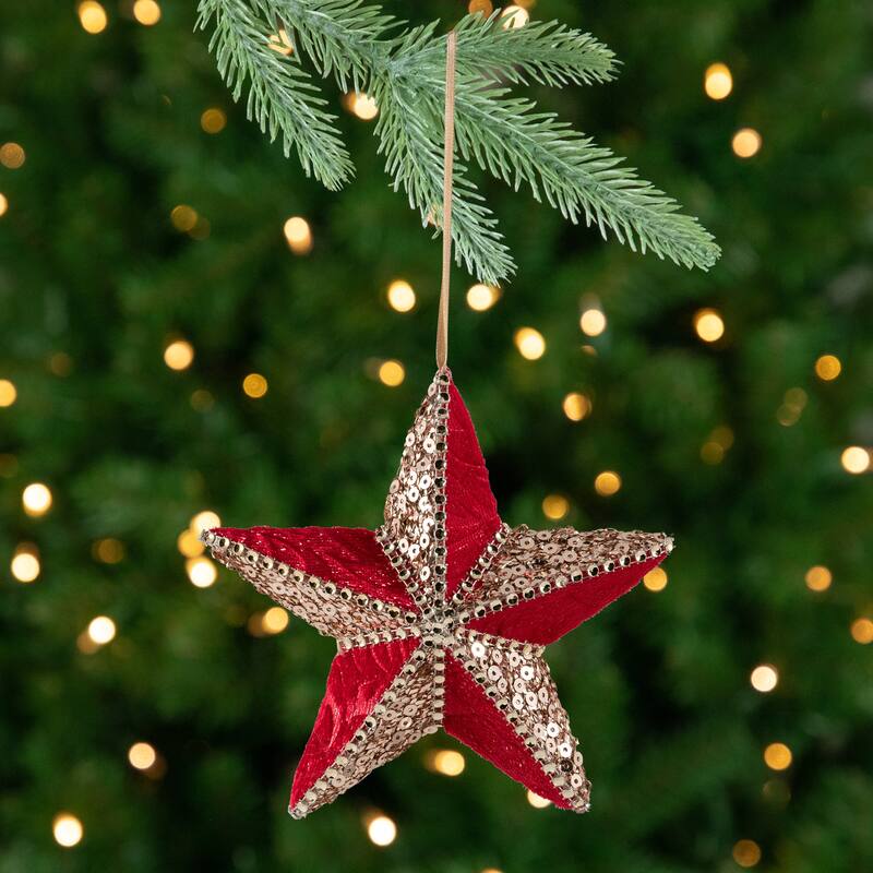 Sequined and Velveteen 5-Point Star Christmas Ornament - 6" - Gold and Red