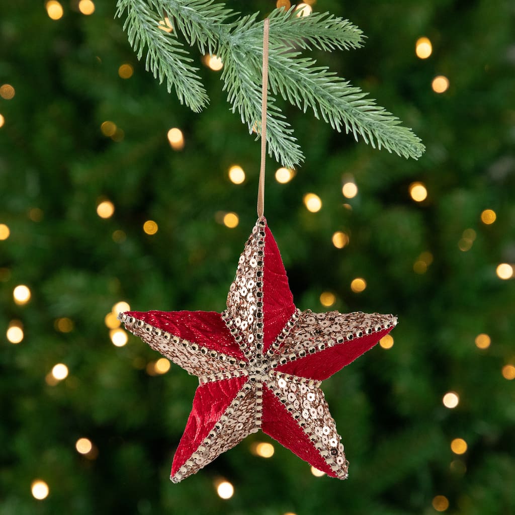 Sequined and Velveteen 5-Point Star Christmas Ornament - 6" - Gold and Red