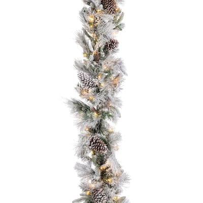 Luxurious 9 Foot Prelit Mixed Tips Garland with Flocking and Glitter - Green