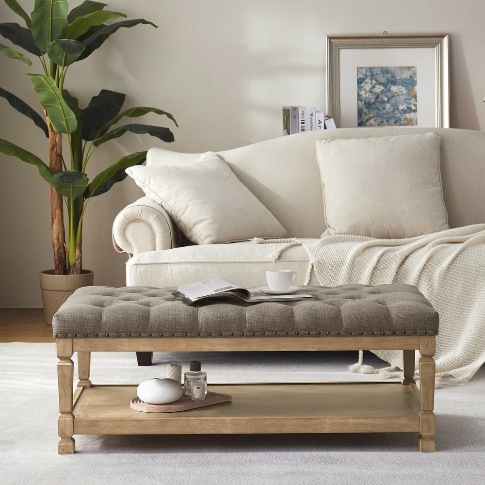 Tufted Upholstered Coffee Table Ottoman with Wooden Shelf, Fabric Bench for Living Room