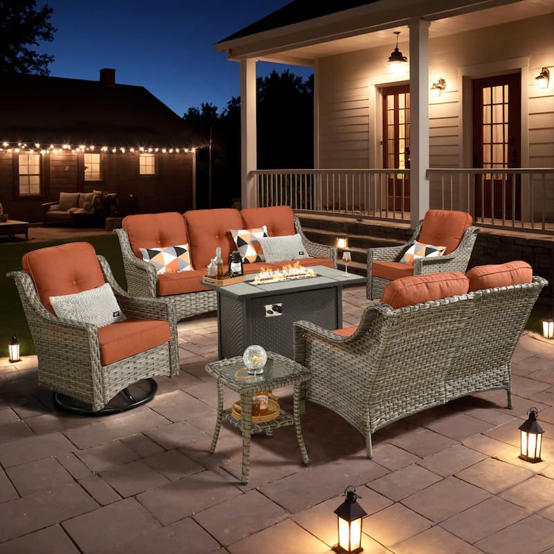 XIZZI Outdoor Wicker Patio Furniture Conversation Set with Fire Table - 6-piece - Red