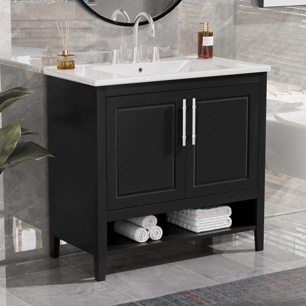 36 inch Freestanding Bathroom Vanity Set in Black with Integrated Ceramic Sink