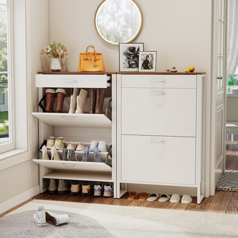 Wood Shoe Storage Cabinet for Entryway, 2 Flip Drawers Shoe Rack, Freestanding Hidden Shoe Organizer Holds up to 10 Pairs