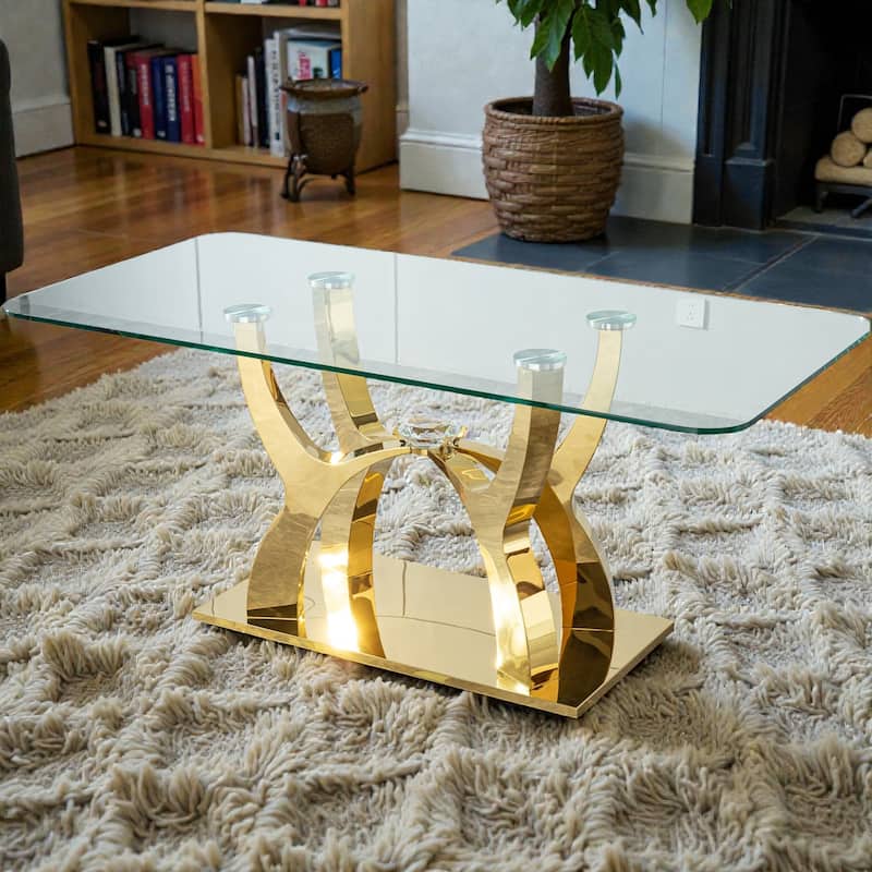 68.9 Inch Luxury Glass Dining Table for 6, Clear Tempered Glass Top with Gold Curved Base, Modern Design - Gold