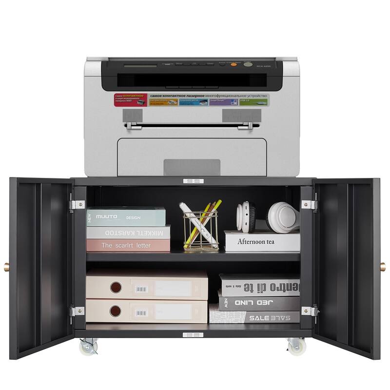 Metal Printer Stand with File Storage Cabinet, Printer Cabinet File Cabinet On Wheels with Door and Adjustable Shelf - small black