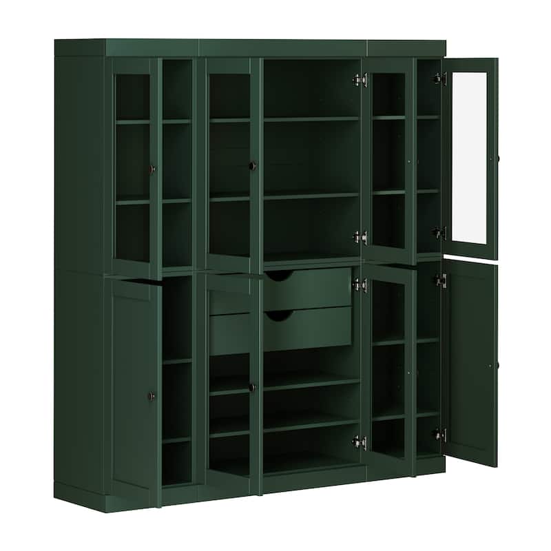 Palace Imports 100% Solid Wood 65" Pantry Cabinet with Clear Glass, Shaker Doors, 2-Drawers and Adjustable Shelves - Green