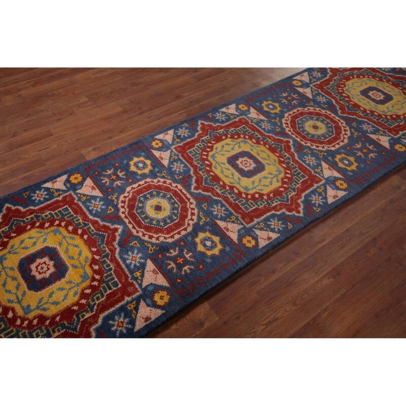 Blue Geometric Kazak Oriental Runner Rug Hand-Knotted Wool Carpet - 2'7"x 8'0"