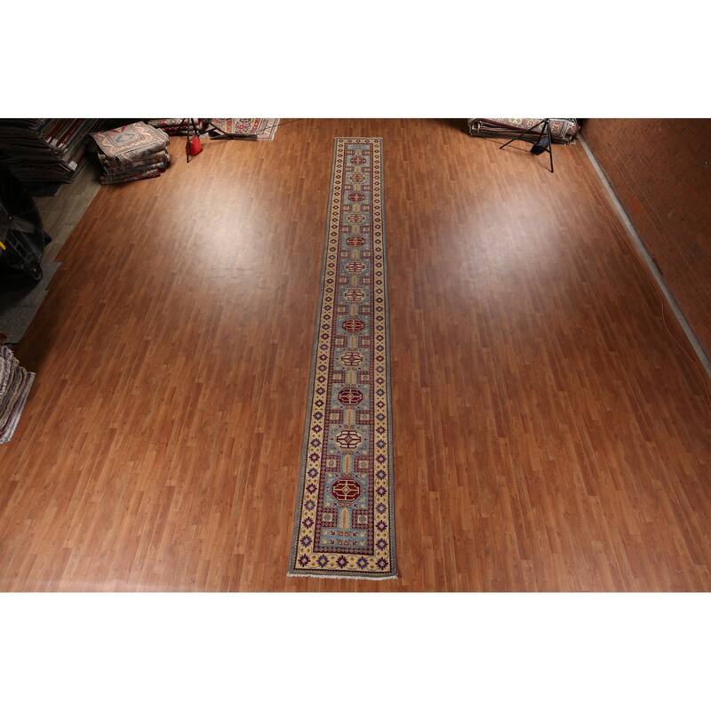 Light Blue Geometric Kazak Runner Rug Hand-Knotted Wool Carpet - 2'7" x 20'8"