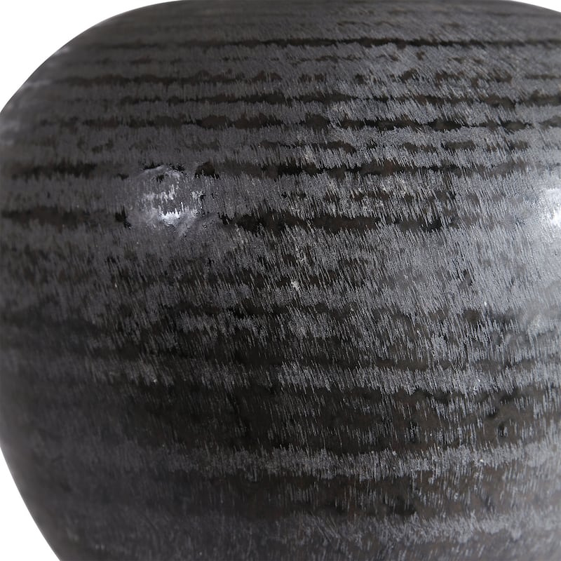 Glossy Etched Ceramic Table Lamp with Oatmeal Drum Shade - 21.75" - Black