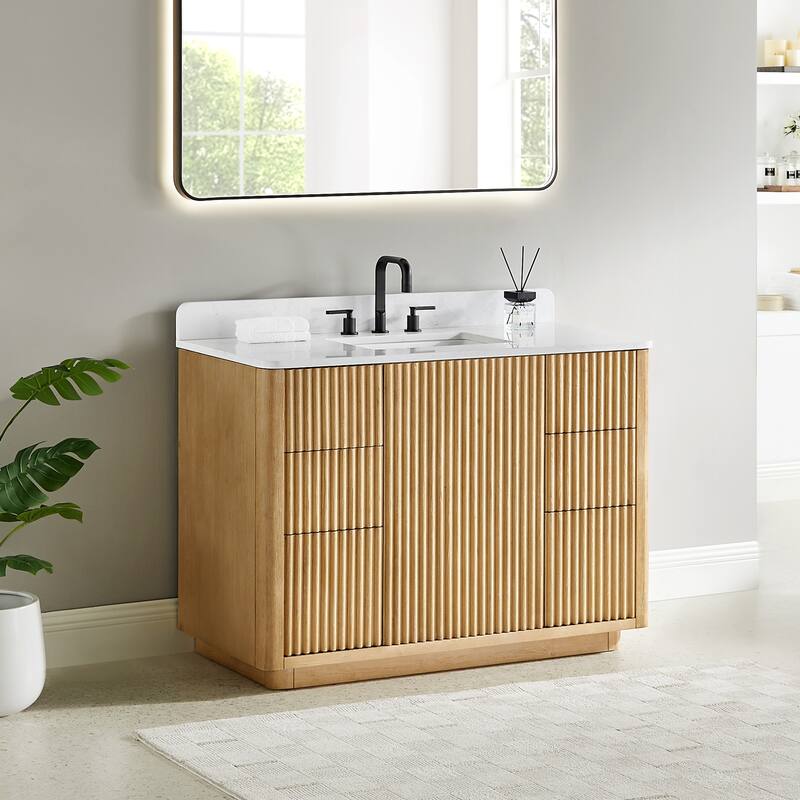 Clayton Bathroom Vanity in Washed Light Brown with Grain White Engineered Stone Countertop without Mirror - 48 inch