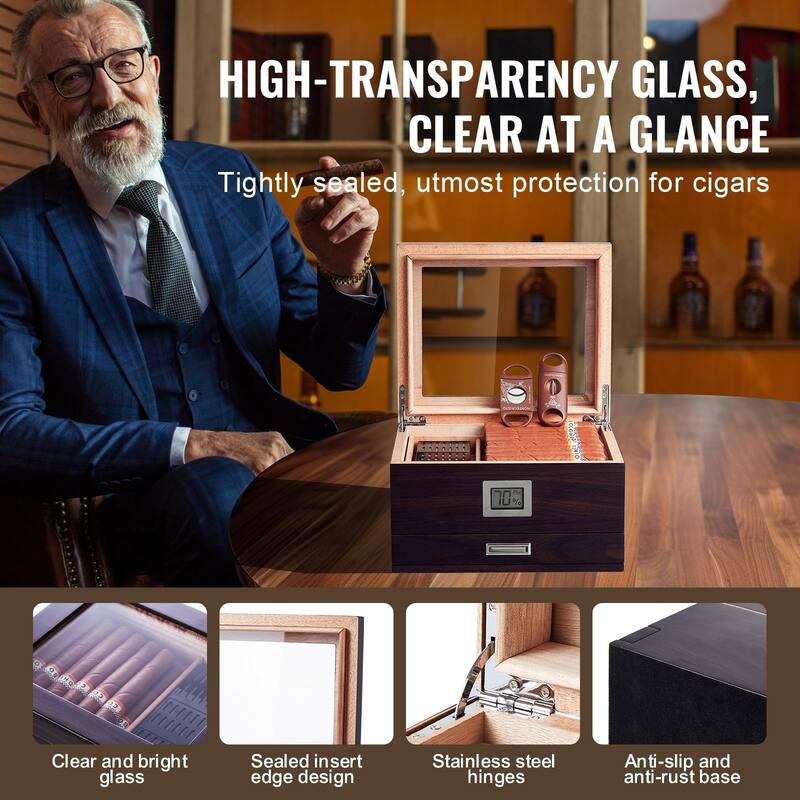 Cigar Humidor, Glass Top Cigar Humidor Box, Handmade Spanish Cedar Wood Cigar Desktop Box, Cigar Storage Case with Humidifier
