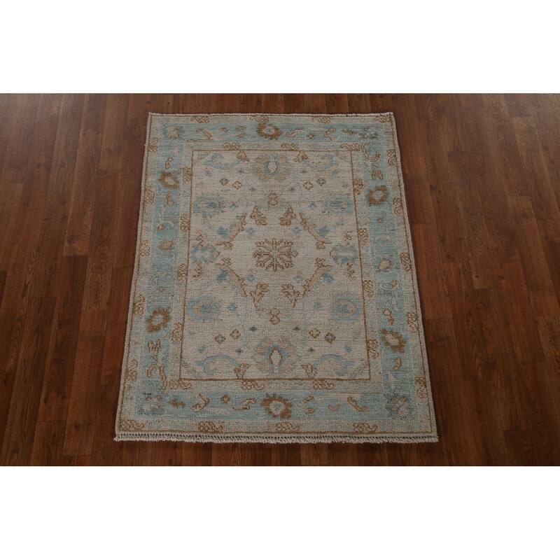 Hand Knotted Oriental 100% Wool Carpet Transitional Geometric Beige & Ivories Oushak Area Rug - 3' 11'' X 3' 0''