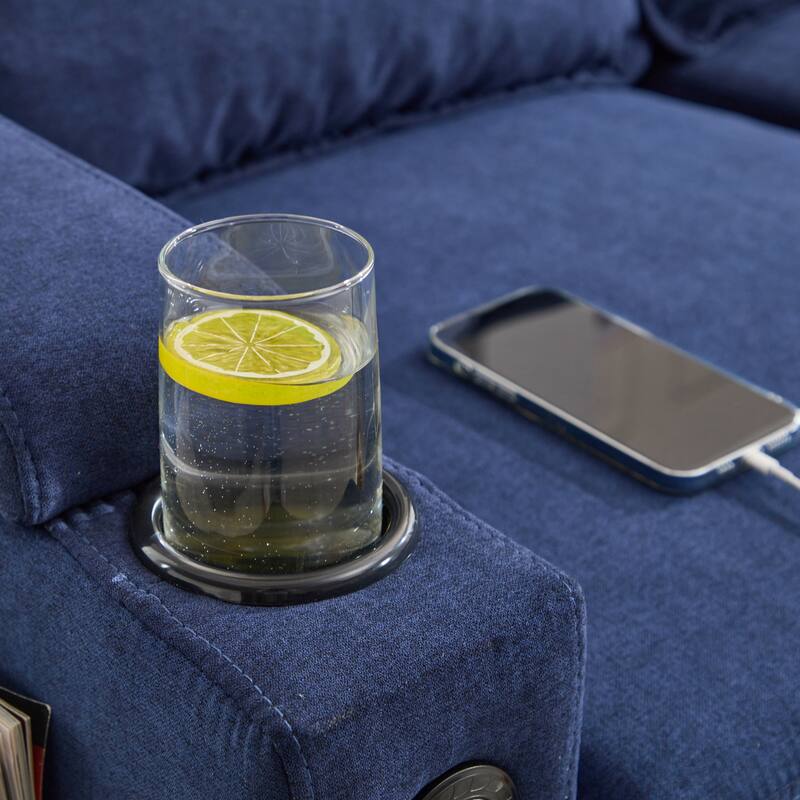 Upholstered Sectional Sofa with Storage Ottoman, USB Port, and Cup Holders