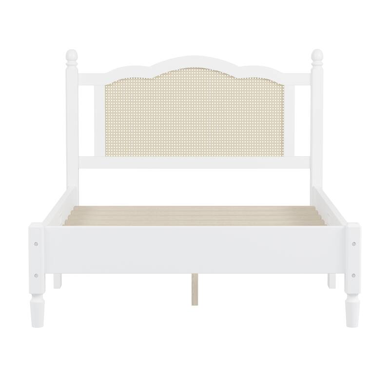 Wooden Platform Bed with Rattan Headboard Curved Wingback Bed Vintage Bed Frame Wood Slat Support Bed with Underbed Storage