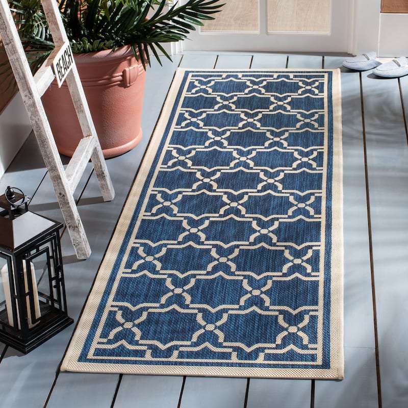SAFAVIEH Courtyard Gulsin Indoor/ Outdoor Waterproof Patio Backyard Rug - 2'3" x 6'7" Runner - Navy/Beige