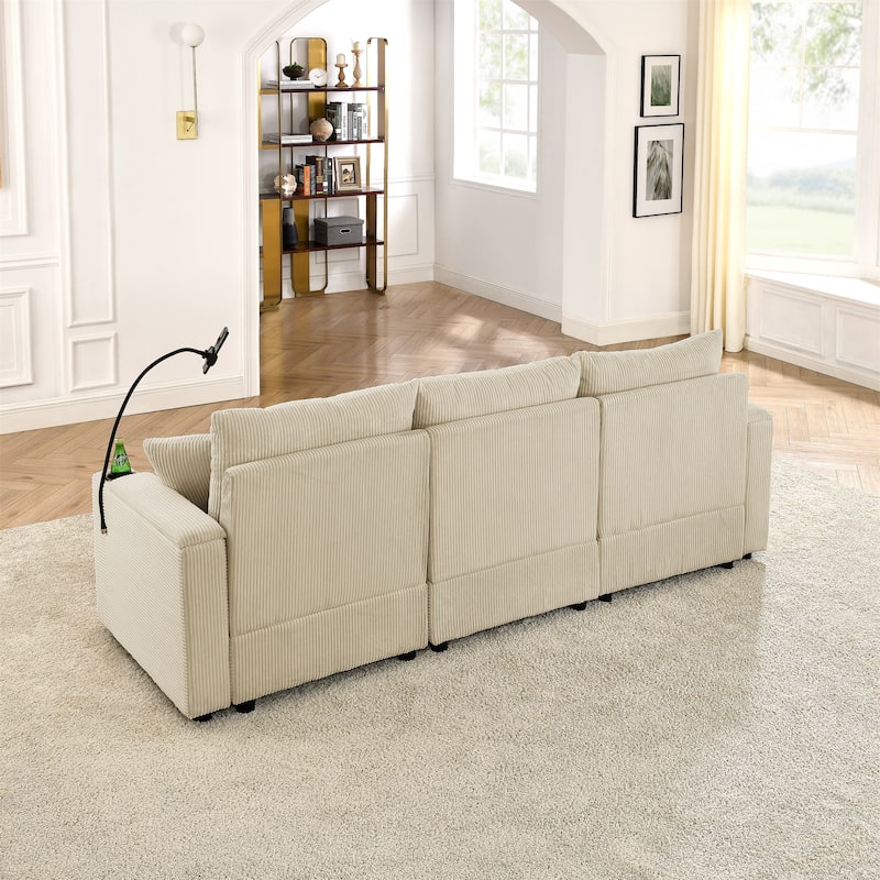 102" Corduroy 3-Seater Sofa with Deep Seat, Cup & Phone Holders