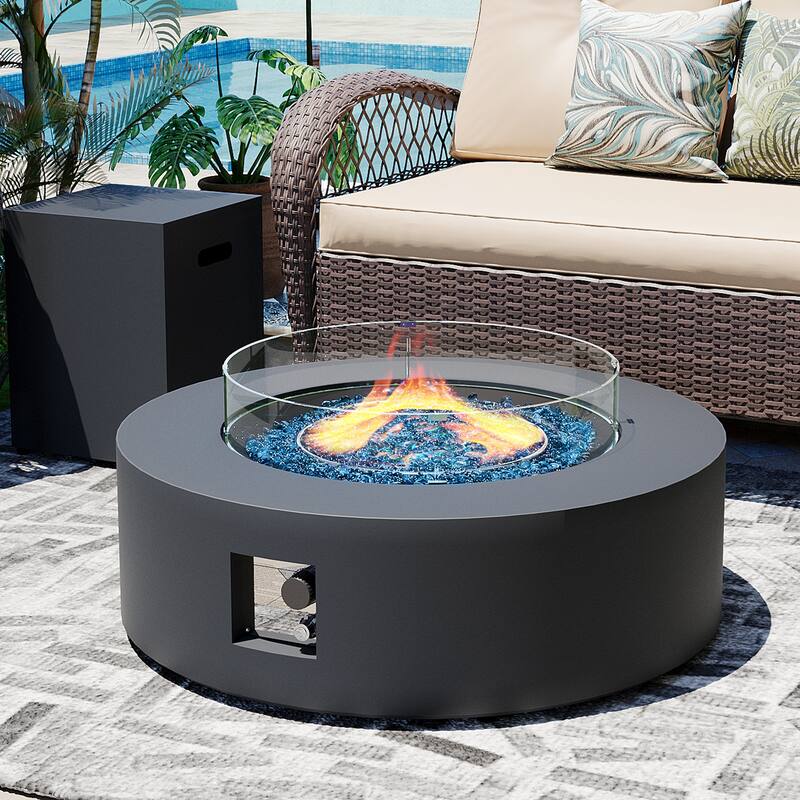 Patio Watcher iron outdoor fire pit table with gas tank cover, lid, and glass wind guard