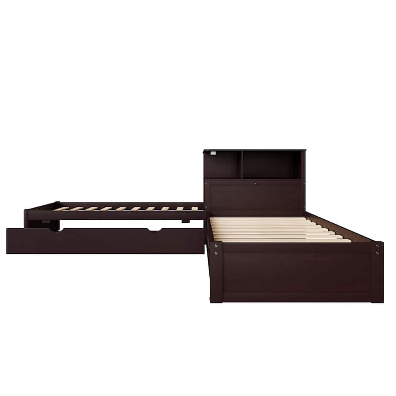 Roomfitters Twin L-Shaped Platform Bed with Trundle, Storage Cabinets and LED Desk