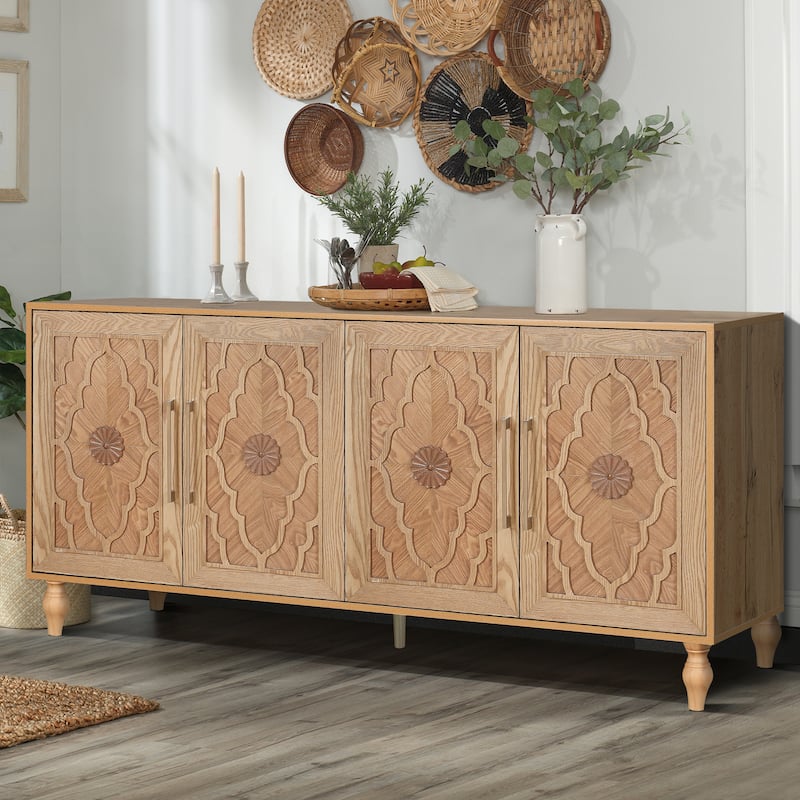 Carved Flower Door Large Storage Cabinet Sideboard Buffet - Natural
