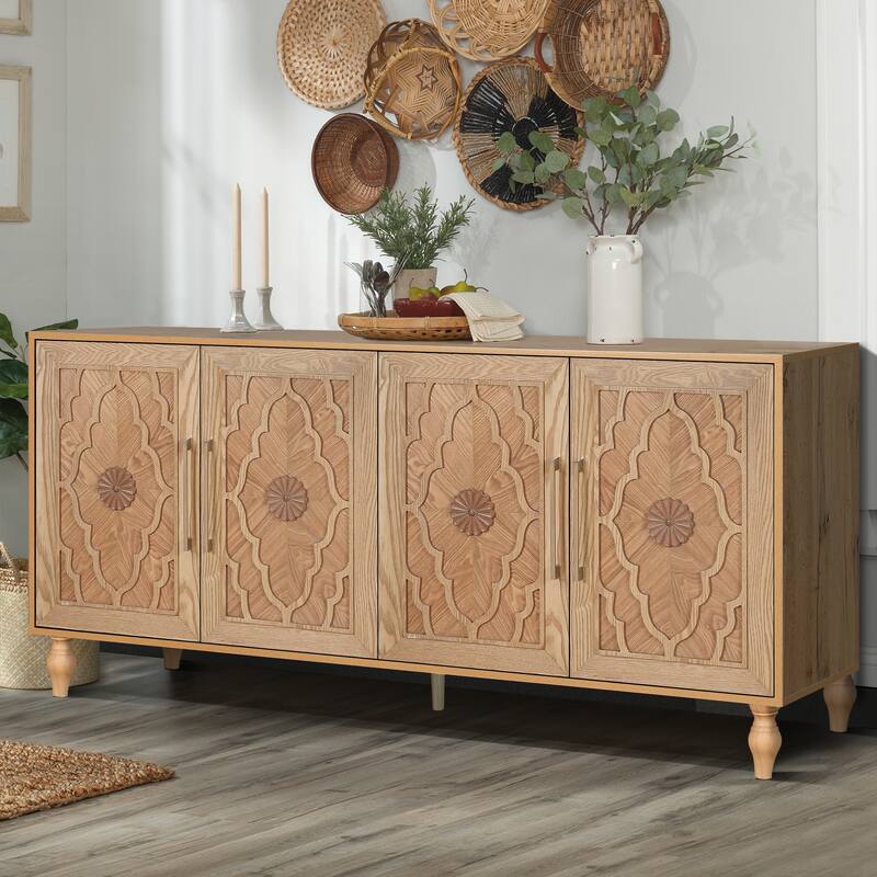 Carved Flower Door Large Storage Cabinet With Metal Handle Suitable For Living Room, Kitchen, Entryway