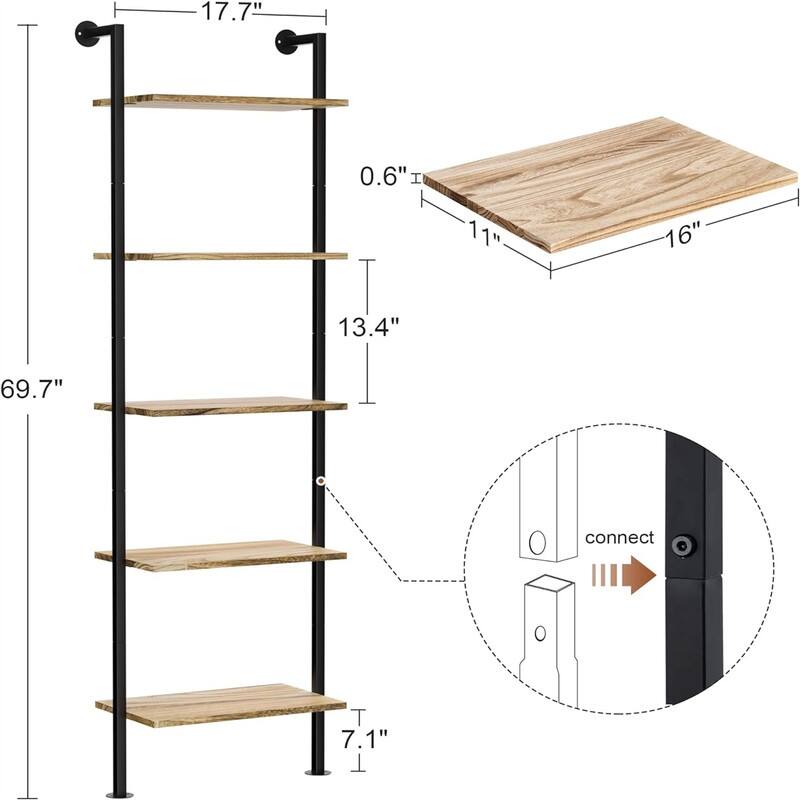 5 Tier Bookshelf Solid Wood Ladder Shelf - 11"D x 17.7"W x 69.9"H