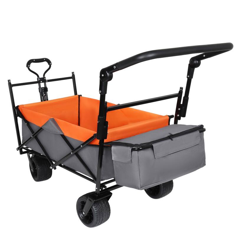 With Push Handle, 480Lbs Collapsible Wagon with Canopy, Wagon cart with 7" All-Terrain Wheels, Lightweight Foldable Wagon