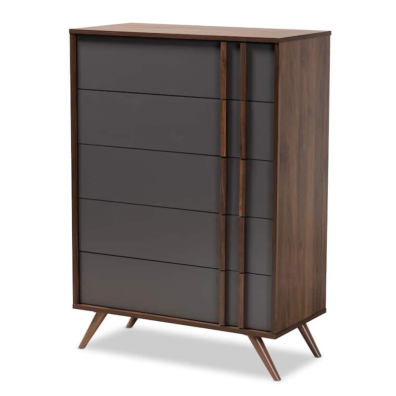 5-Drawer Wood Bedroom Chest - Modern Grey Walnut Finish - Storage Dresser