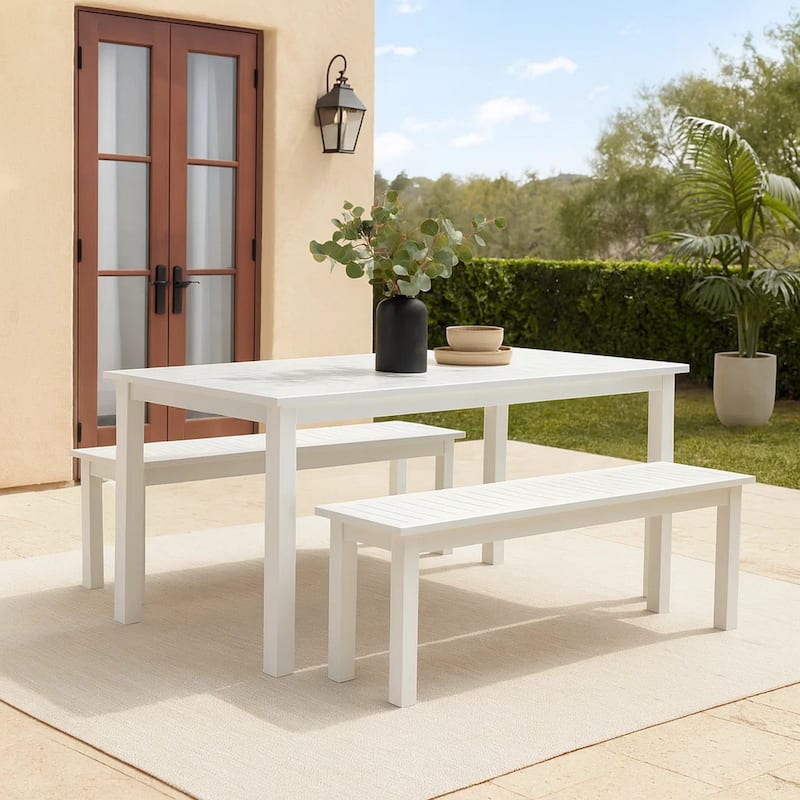 Felix 3 Piece Modern Dining Set, Crisp White Acacia Wood Frame, 6 Seater