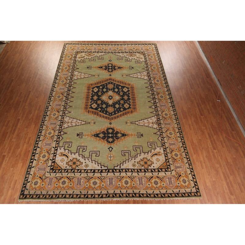 Light Green Geometric Viss Large Indian Rug Hand-Knotted Wool Carpet - 11'10"x 17'11"