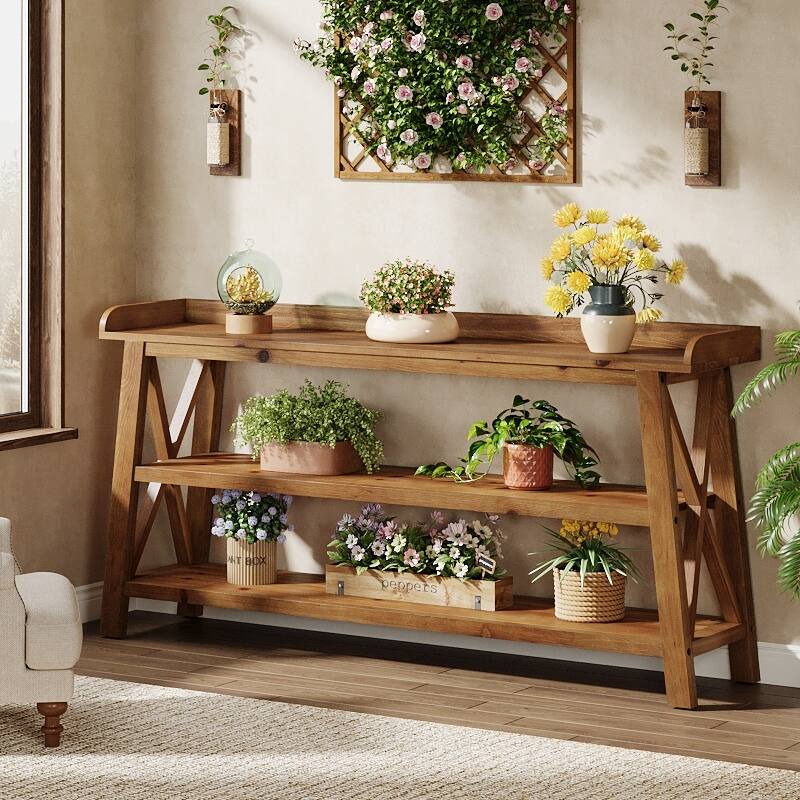 63-Inch Solid Wood Console Table with X-Shaped Frame, 3-Tier Storage - 62.99" L x 13.78" W x 35.83" H