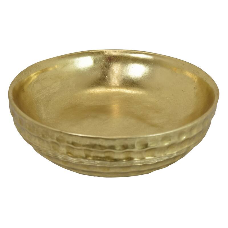 Round Tray with Hammered Accents, Vintage Details, 14 Inch Gold Resin