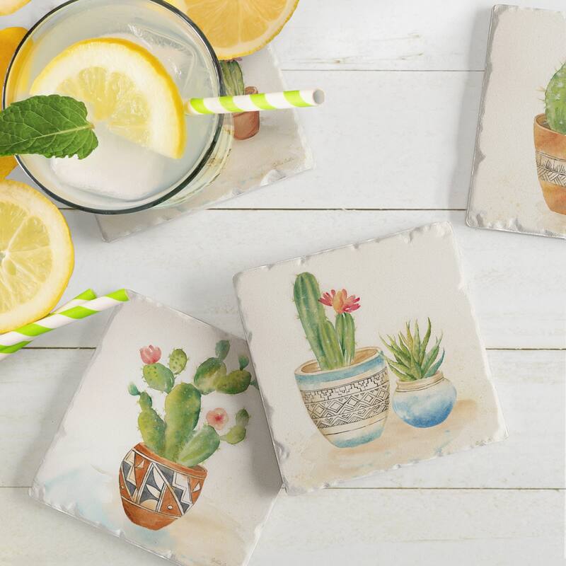 Counterart Absorbent Stone Coaster, Cactus Garden, Set of 4 - 4.01x4.12