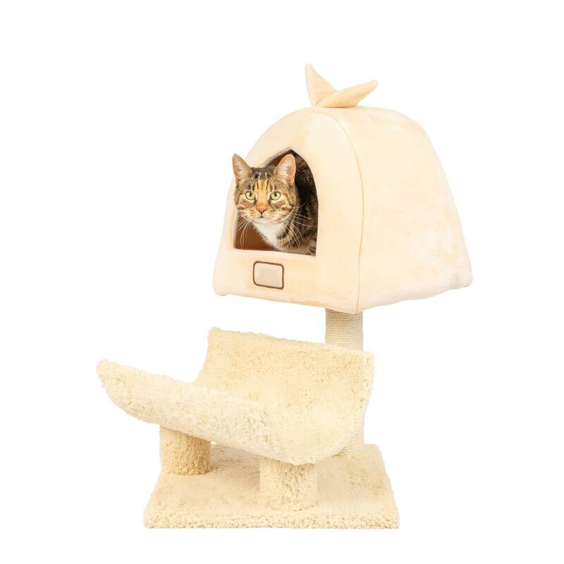 Real Wood Cat Condo, Cat Scratching Post With Plush Condo, Cuddle - Goldenrod
