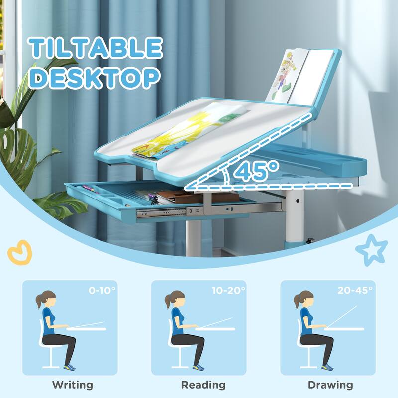 Modern Kids Ergonomic Desk and Chair Set with Tilting Desktop and Storage Features for Study Room and Bedroom