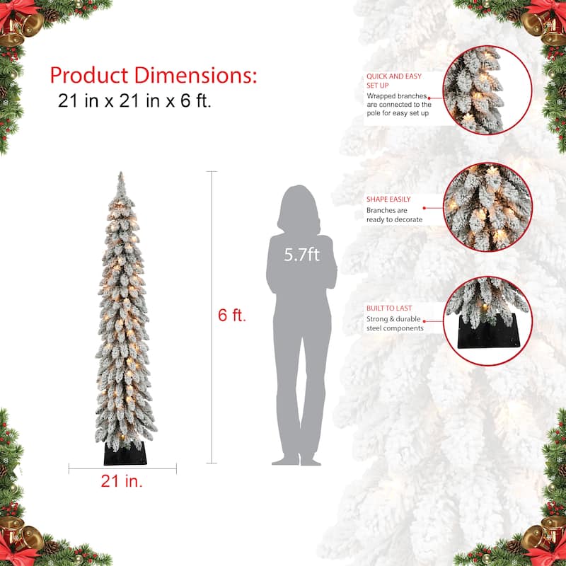 Puleo International 6' Pre-Lit Flocked Alpine Pencil Artificial Christmas Tree - 6