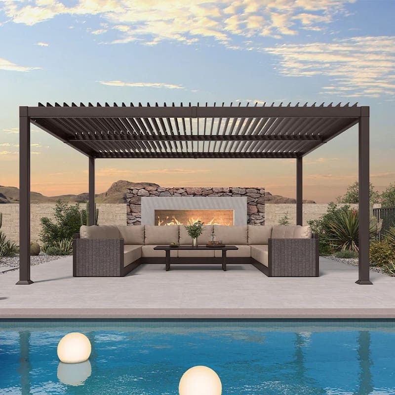 PURPLE LEAF Louvered Pergola Sun Shade Shelter with Adjustable Metal Roof for Patio Hardtop Pergola - 13' x 15' - Bronze