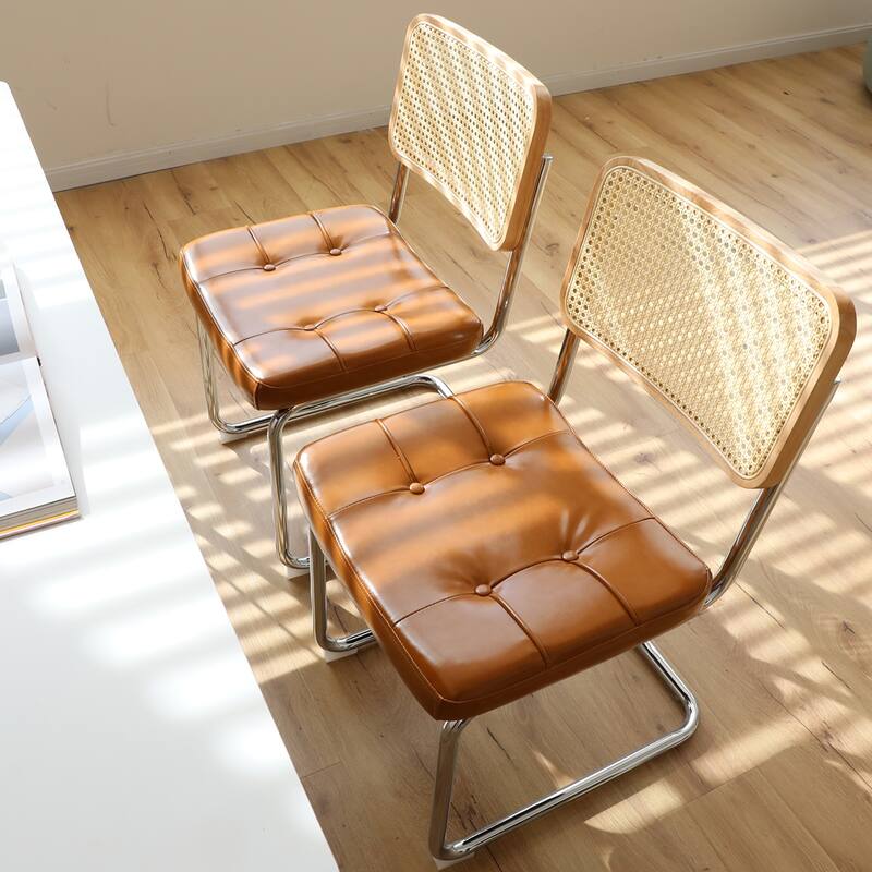 Dining Chairs Set of 2, Fauex Leather Rattan Side Accent Chairs with Chrome Legs, Modern Mid Century Breuer Designed Chairs - Brown