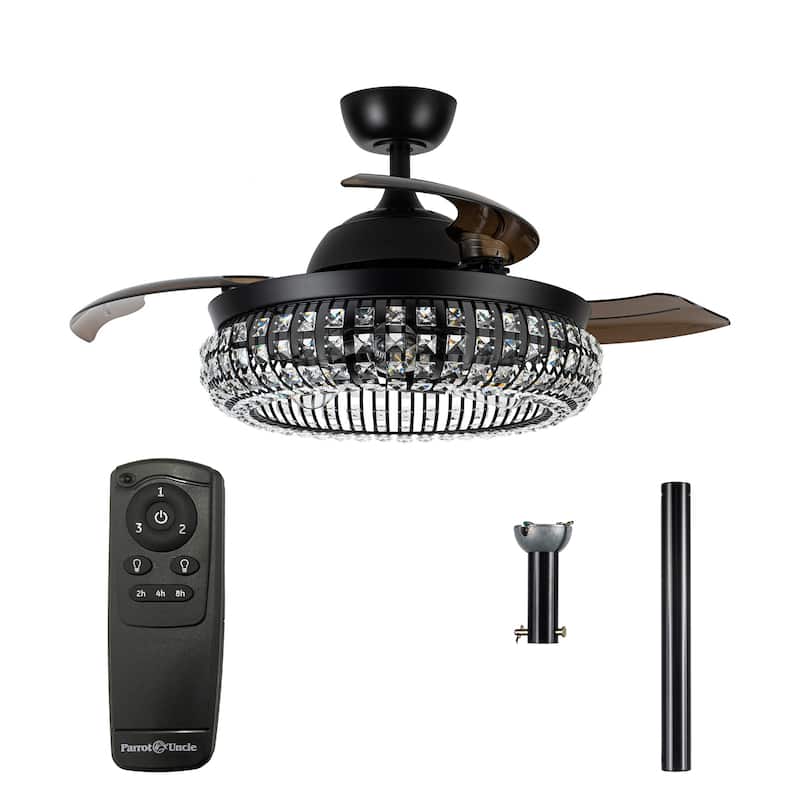Modern 3-Blade Matte Black Crystal Caged Retractable Ceiling Fan with Remote and Light Kit - 41.73-in W x 16.2-in H