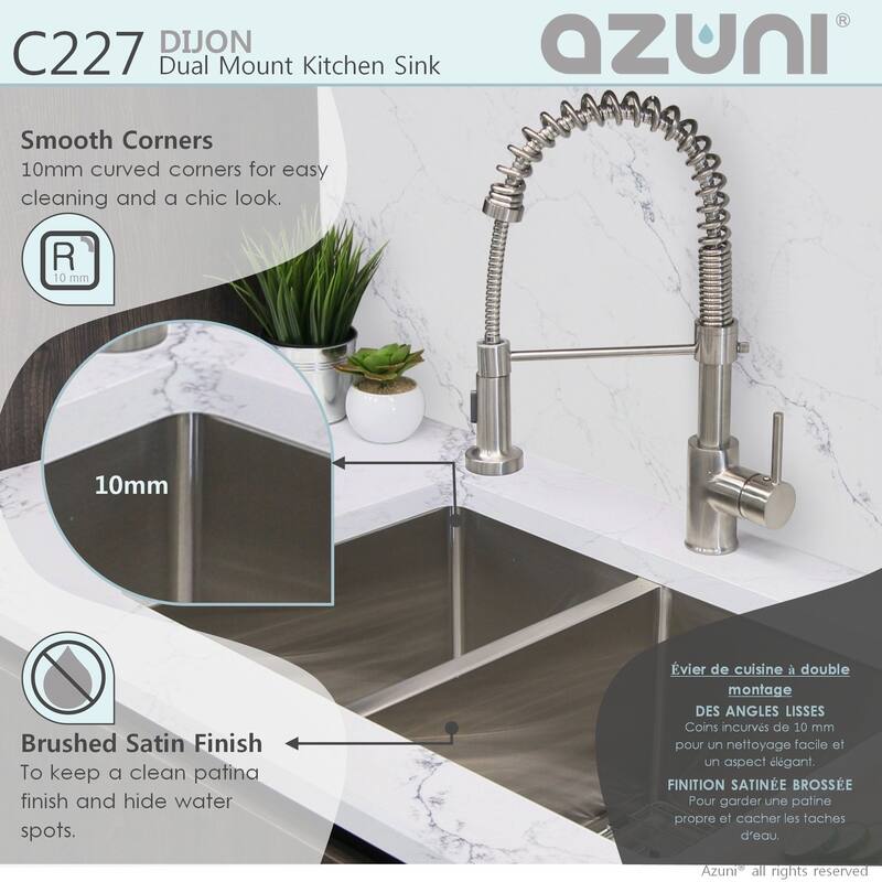 AZUNI 27 inches L x 18 inches W Double Bowl 60/40 Dual Mount 16G Reversible Kitchen Sink with Grids and Basket Strainers