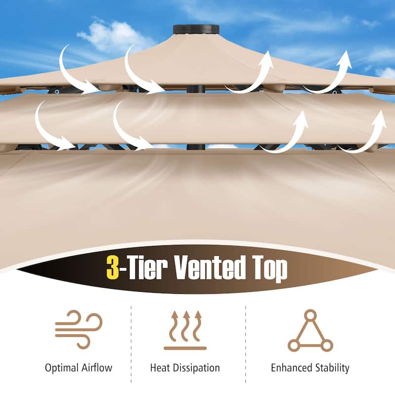 Gymax 10 FT Solar Patio Umbrella w/ 32 LED Lights 3-Tier Vented Top