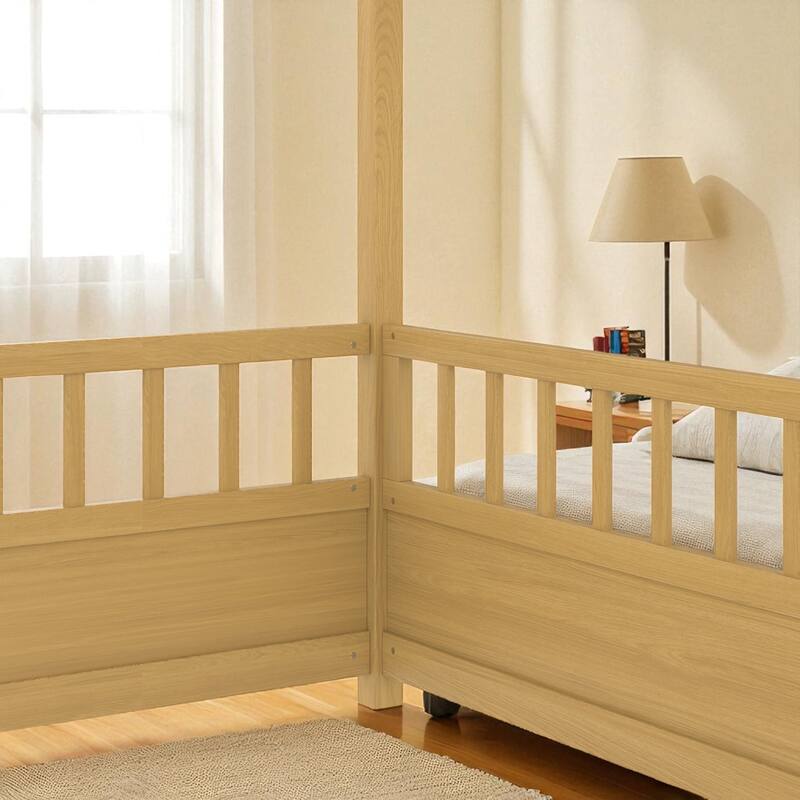 Twin/Full Size Floor House Bed with Fence Guardrails and Roof Frame, Montessori Wooden Platform Design