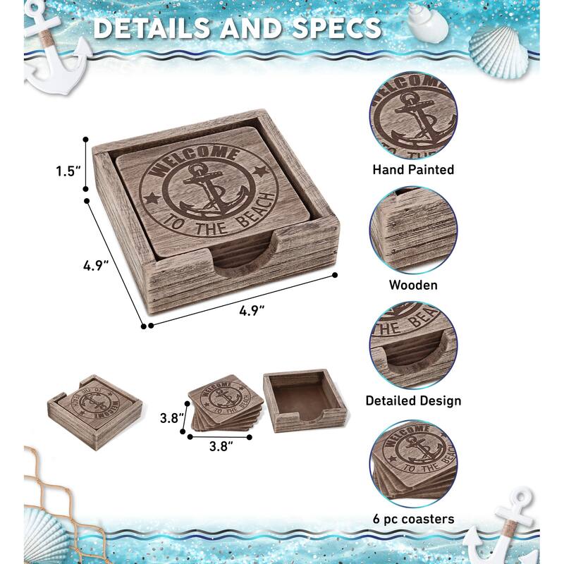 CoTa Global Driftwood Anchor Coasters Set of 6 - Handmade Colors Vary - 4.9Lx4.9Wx1.5H inches