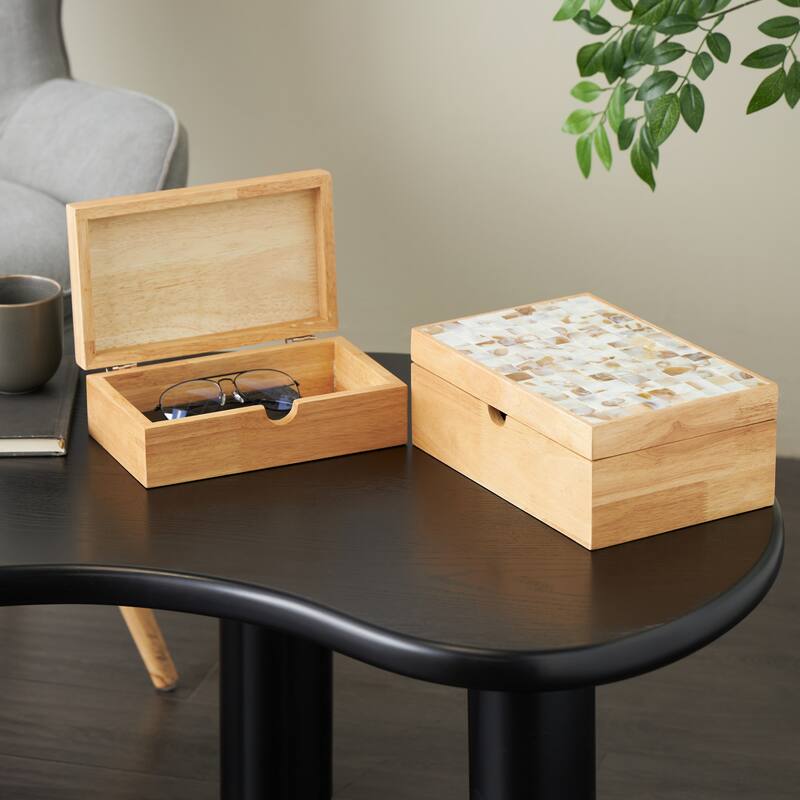 Light Brown Wood Handmade Storage Decorative Box with Seashell Tops (Set of 2) - 8"W x 12"L x 5"H