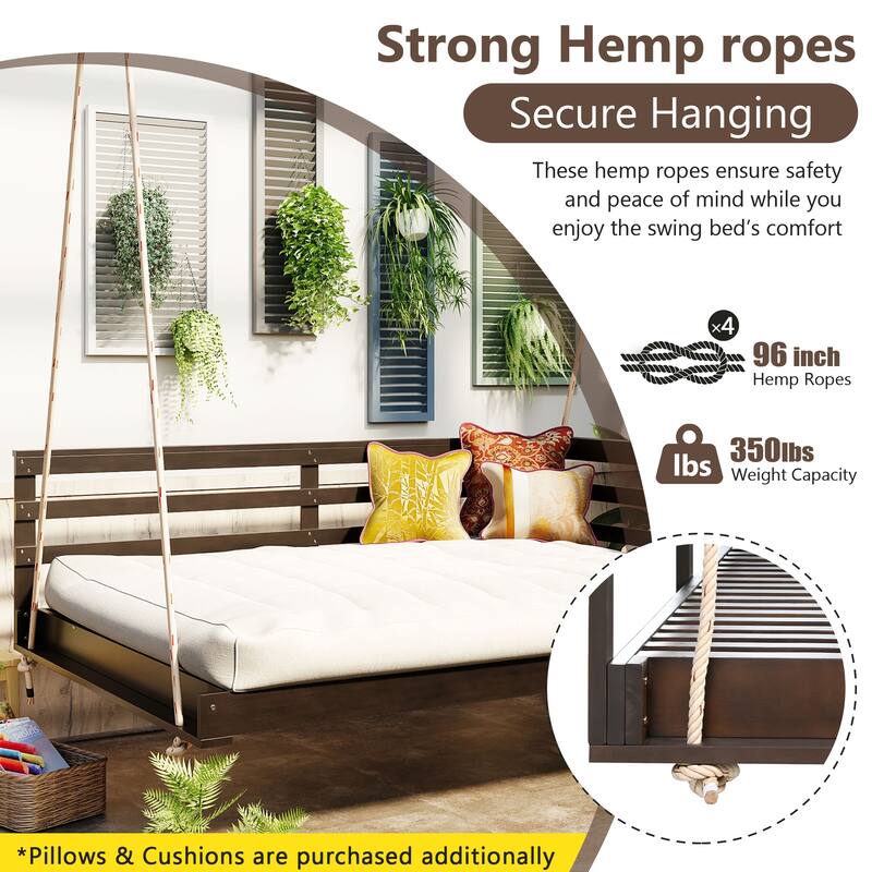 Acacia Wood Porch Swing Bed for Outdoor with Hemp Ropes - Full Size Hanging Bed, 350lbs Capacity, Open-Side Minimalist Design