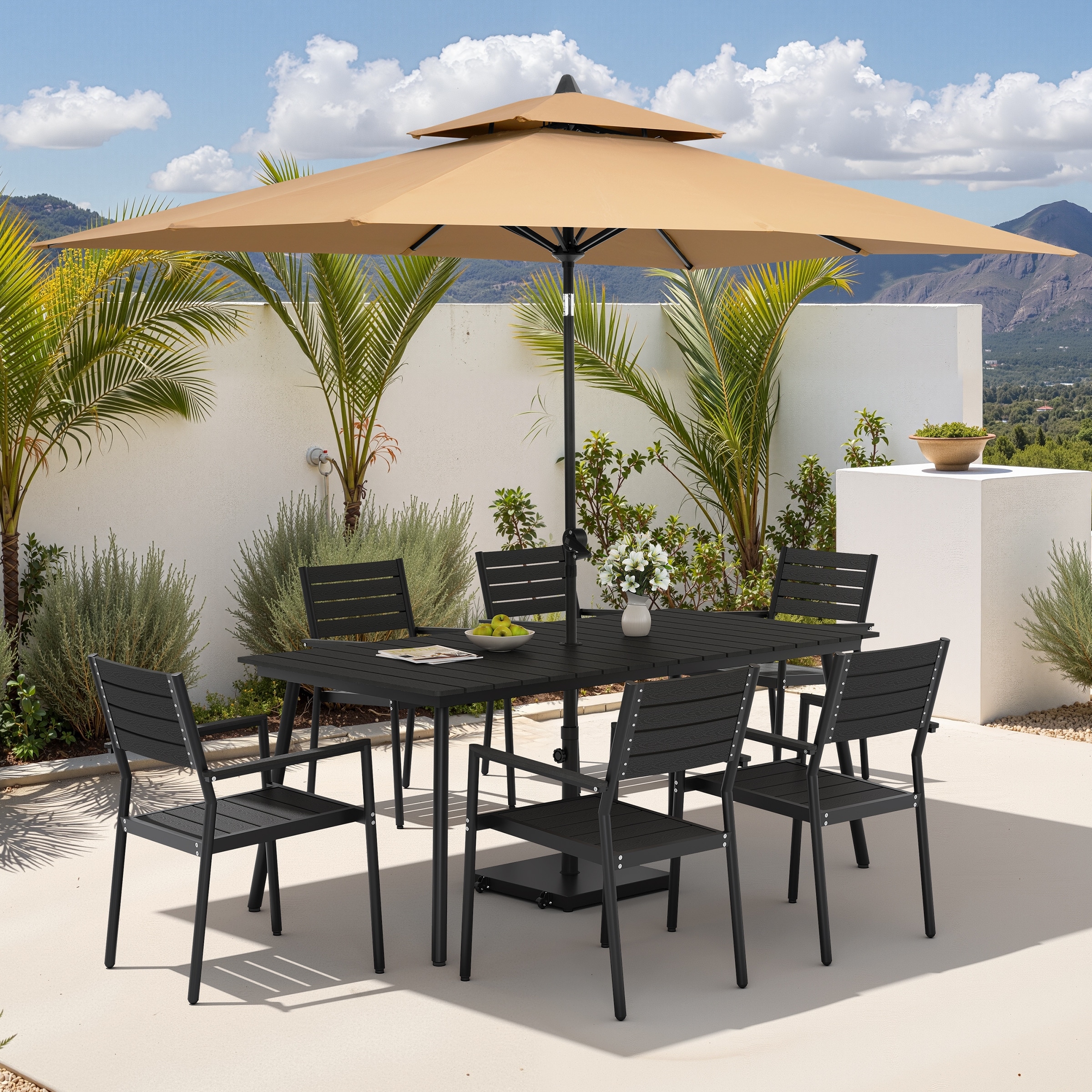 9PC Outdoor Patio Dining Set Aluminum Table with Stackable Armchairs w/ Premium Market Umbrella Sets