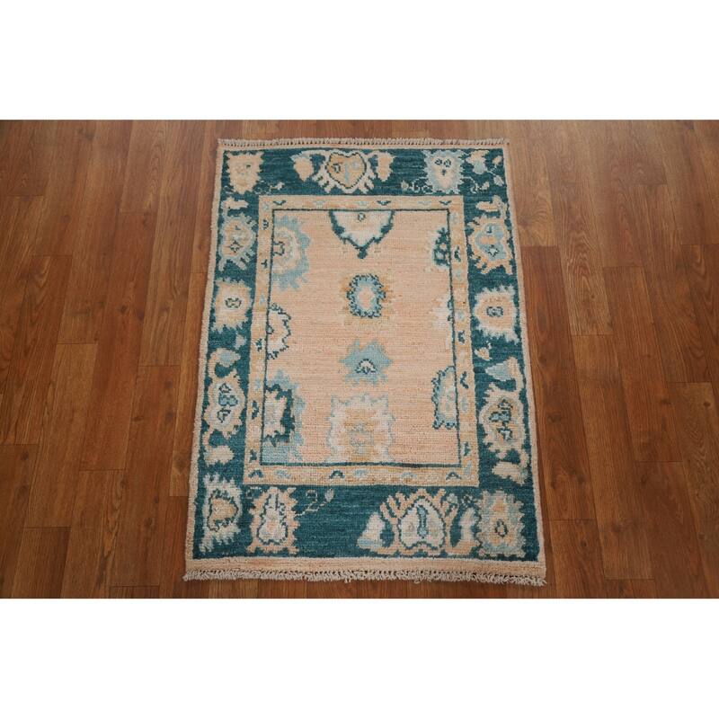 Hand Knotted Oriental 100% Wool Carpet Transitional Geometric Peach Oushak Area Rug - 2' 11'' X 2' 0''